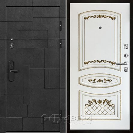 Входная металлическая дверь Флагман Доминион Алина (Бетон черный/Эмаль белая/Патина золото)