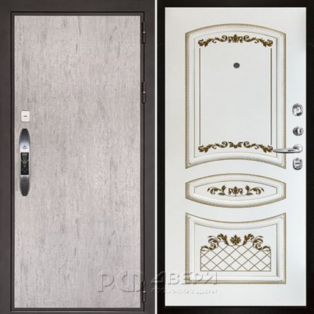 Входная металлическая дверь Новатор Алина (Серый шпат/Эмаль белая/Патина золото)