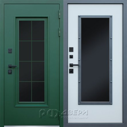 Входная металлическая дверь Олимп (Муар зеленый/Со стеклом лайт софт грей)