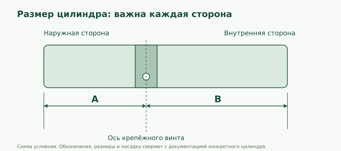 Схема размеров сторон цилиндра A и B относительно оси крепёжного винта