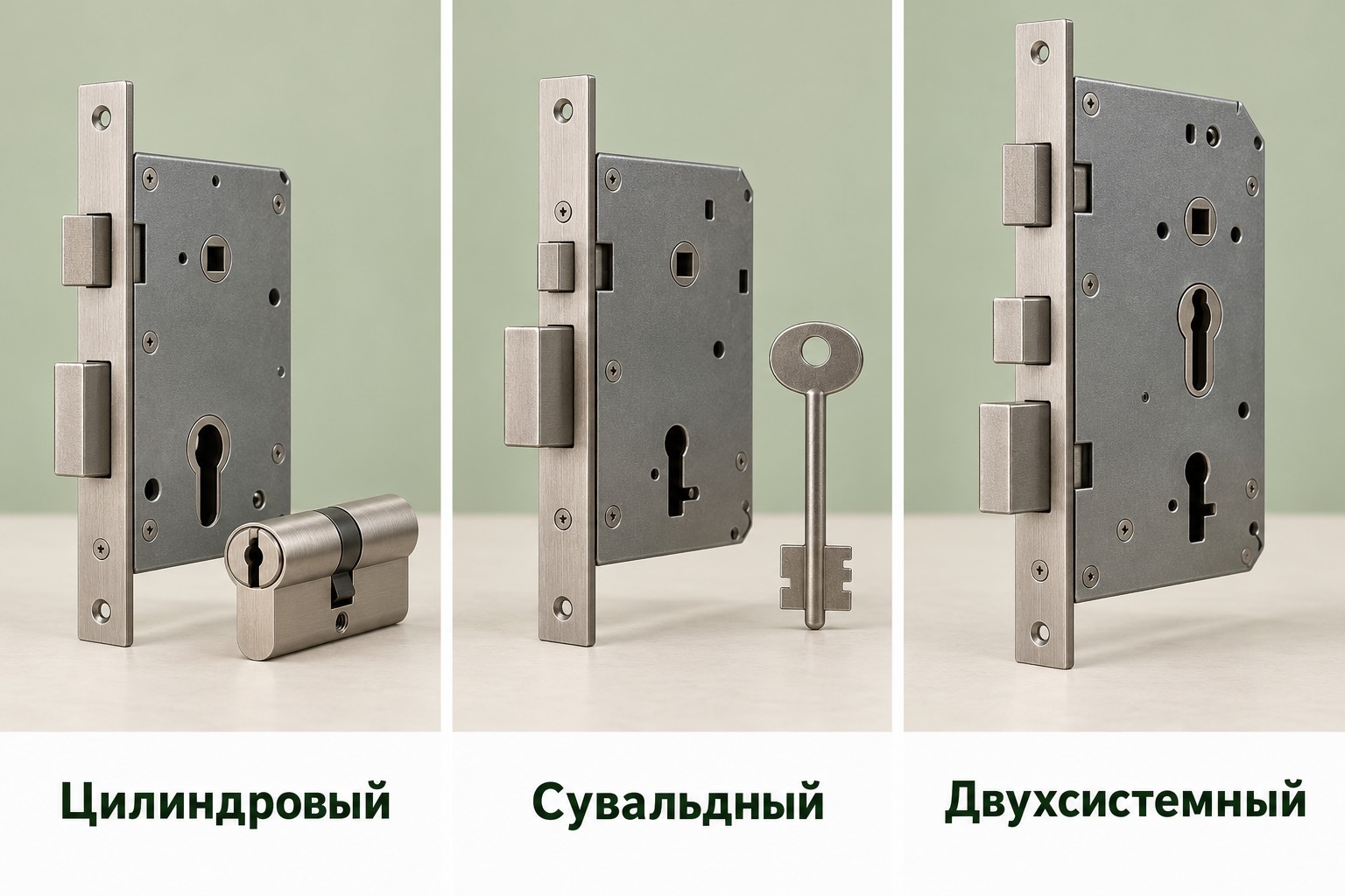 Условные примеры цилиндрового, сувальдного и двухсистемного замков