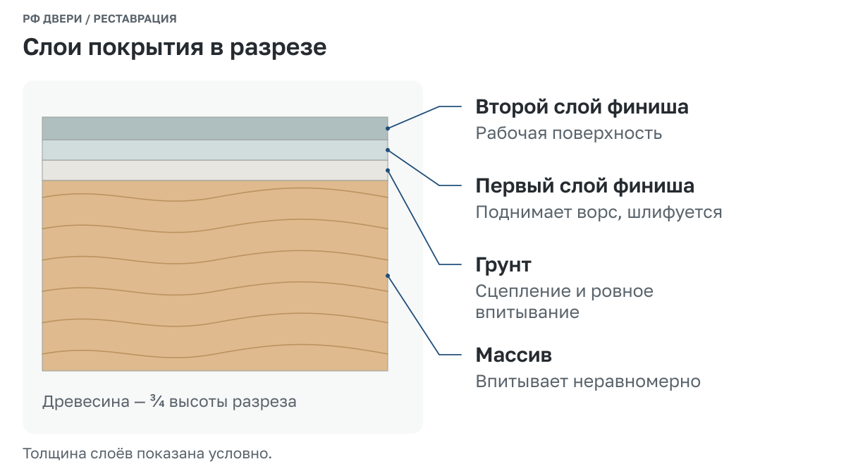 Разрез покрытия двери из массива: древесина, грунт и два слоя финиша