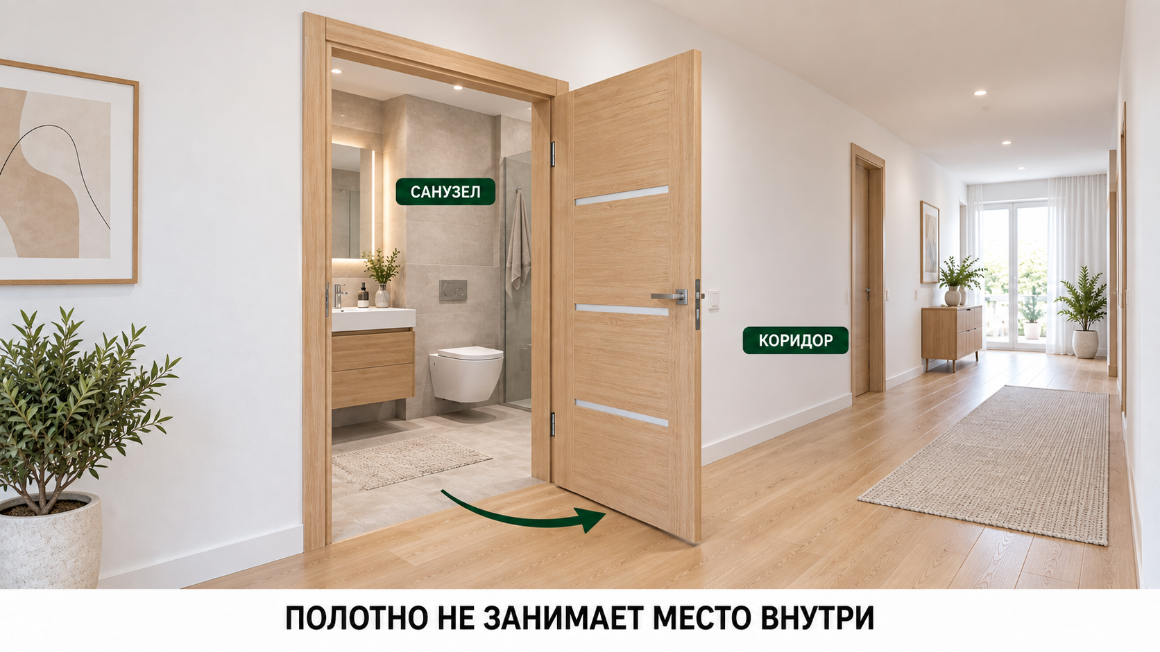 Дверь санузла открывается наружу, в коридор