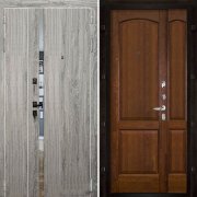 Металлическая дверь двухстворчатая Tesla Фоборг (Дуб мелфорд грей софт/Античный орех)