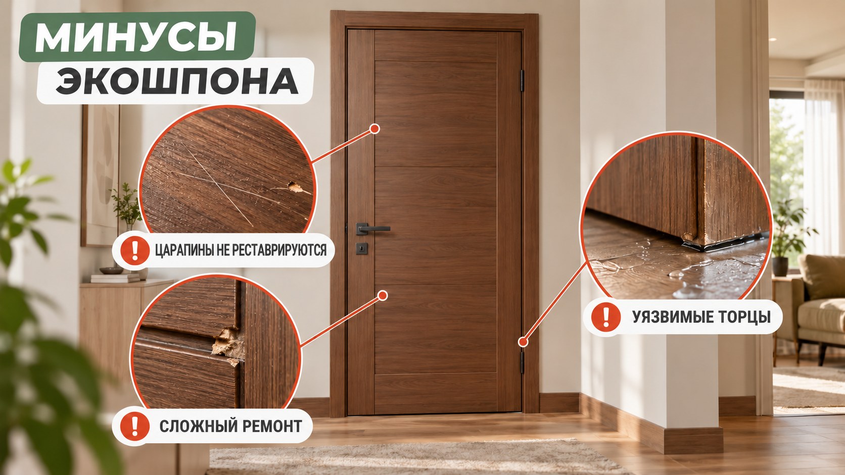 Минусы дверей с покрытием экошпон: царапины не реставрируются, уязвимые торцы, сложный ремонт