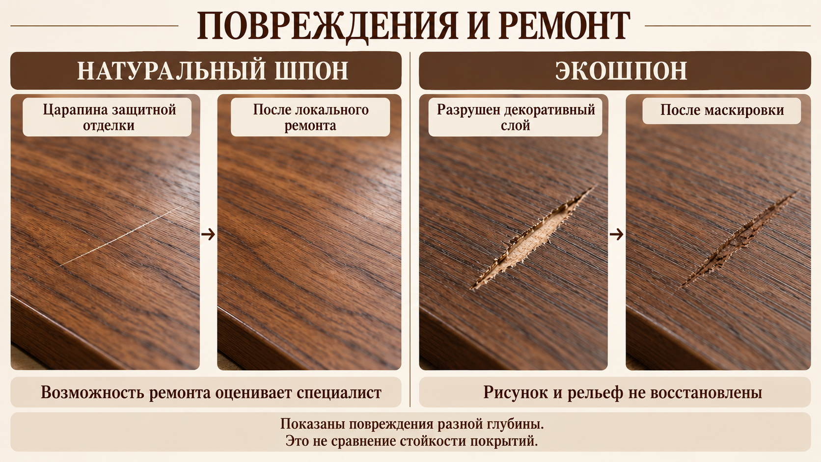 Царапина отделки шпона и глубокое повреждение декора экошпона