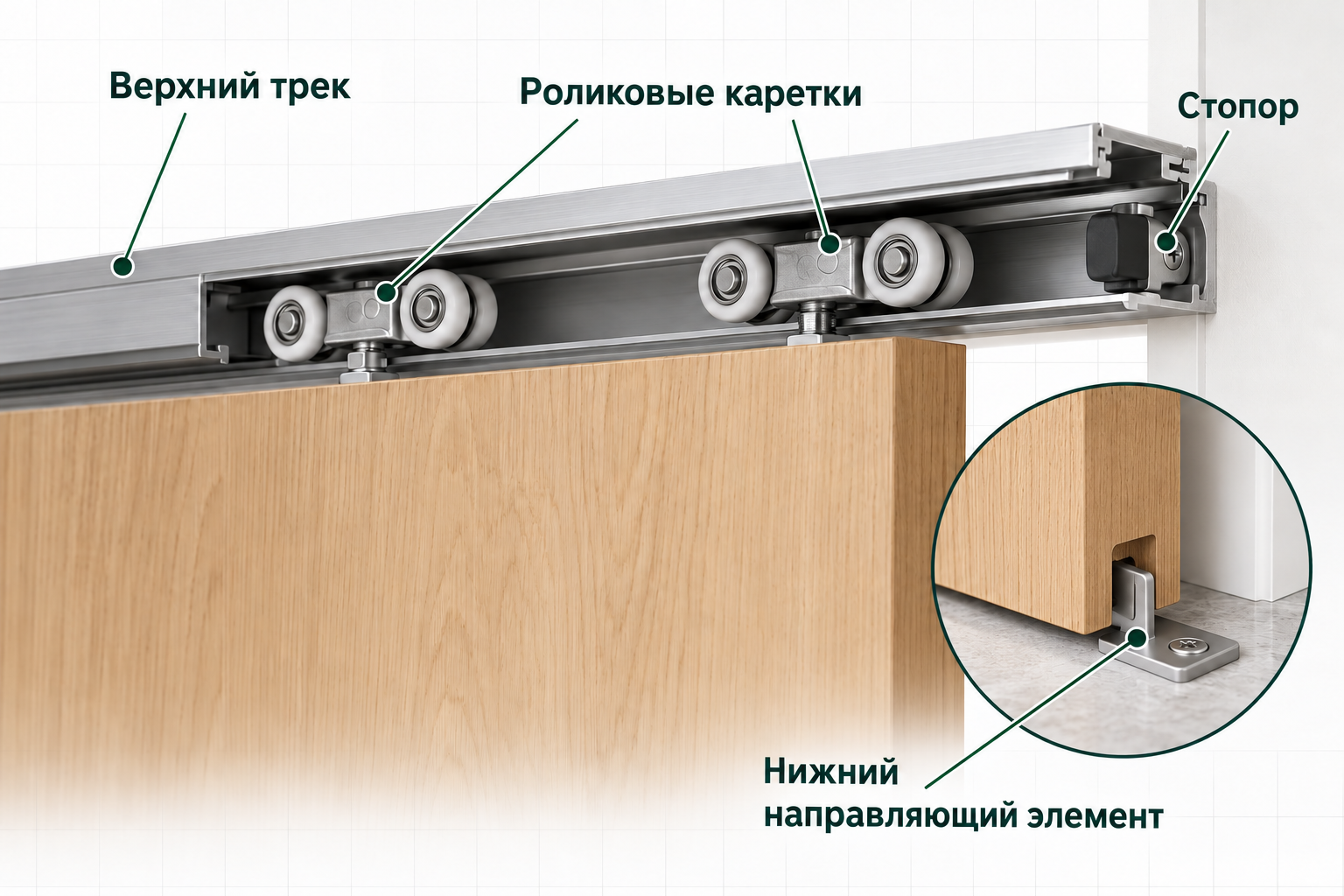 Верхний трек, роликовые каретки, стопор и нижний направляющий элемент